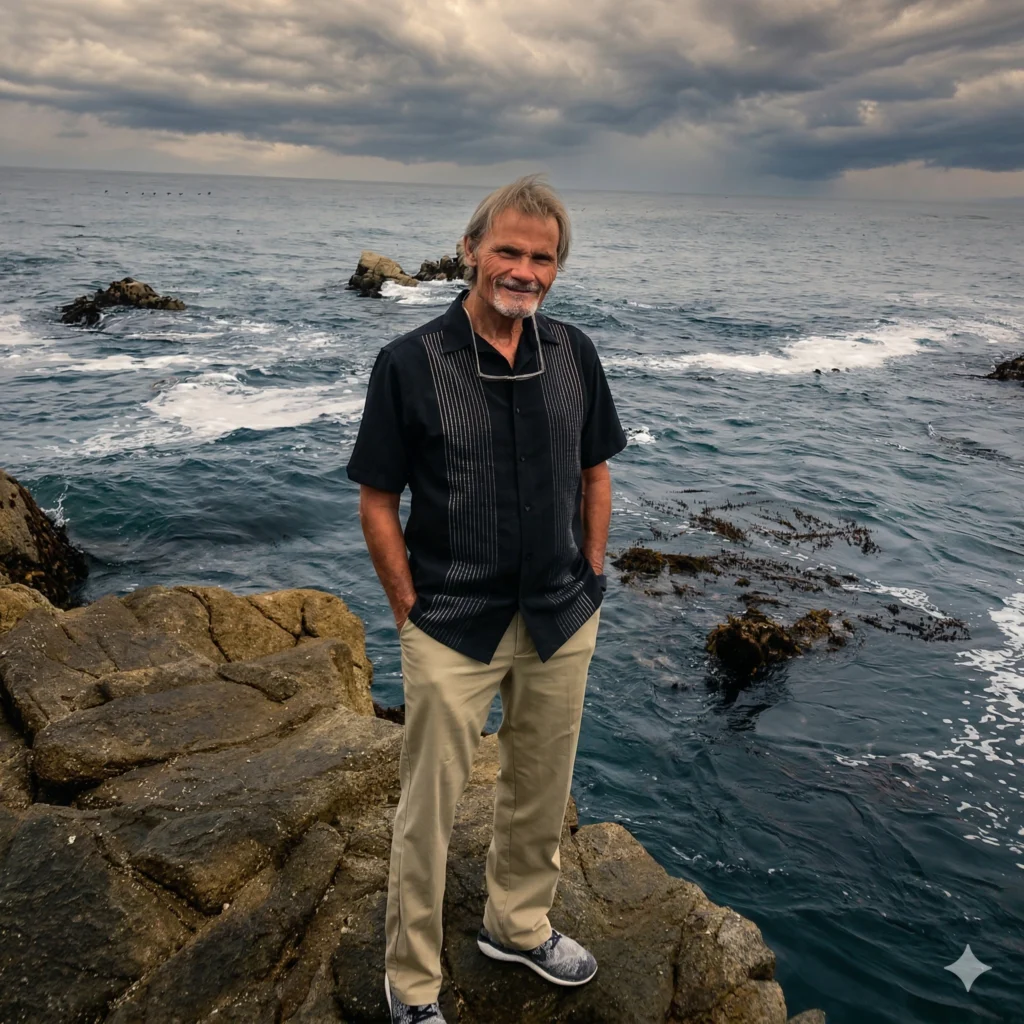 David Bartholomew standing on rocks by ocean
